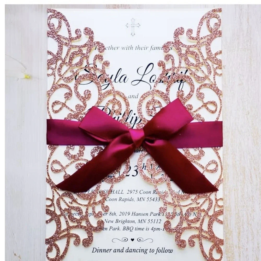 20x Laser Cut Lace Flora Wedding Invitation Cards with Ribbon Bow and Envelop...